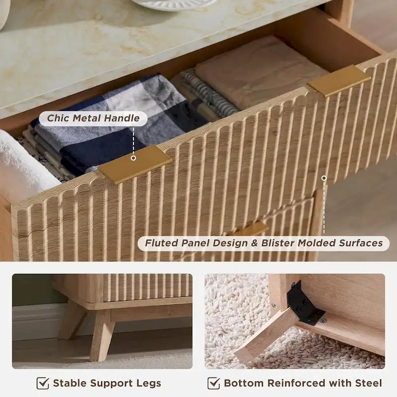 Comò moderno a 5 cassetti con scanalature, cassettiera, mobile TV con cassetti