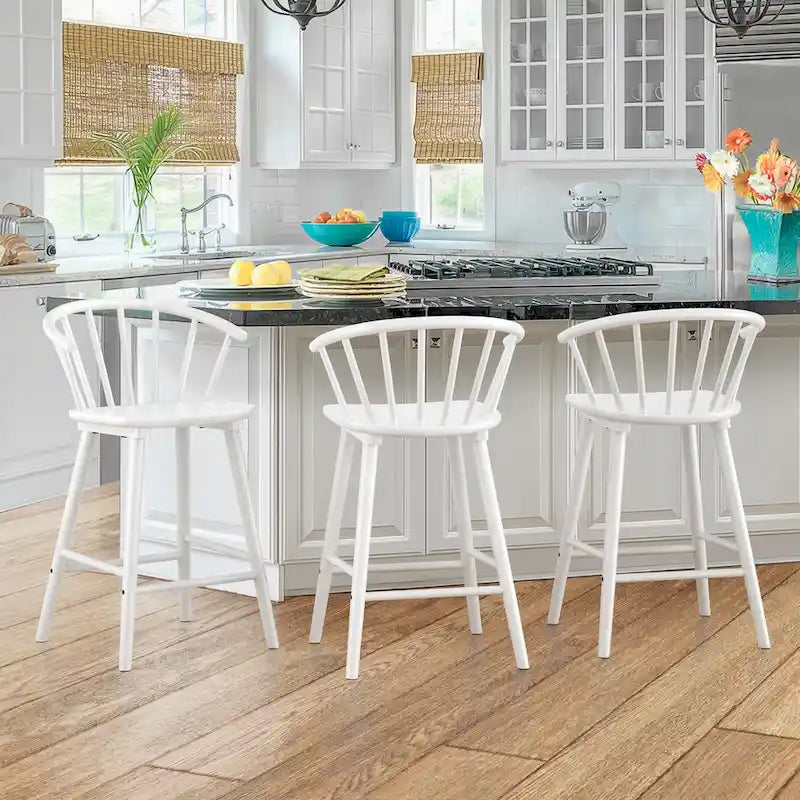Set di 3 Sgabelli da Bancone 61 cm Sgabelli da Bar con Struttura in Legno Massello e Schienale a Fuso per Isola Cucina