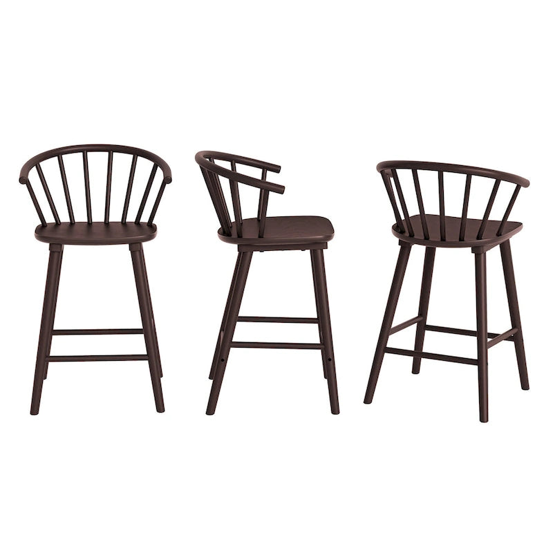 Set di 3 Sgabelli da Bancone 61 cm Sgabelli da Bar con Struttura in Legno Massello e Schienale a Fuso per Isola Cucina