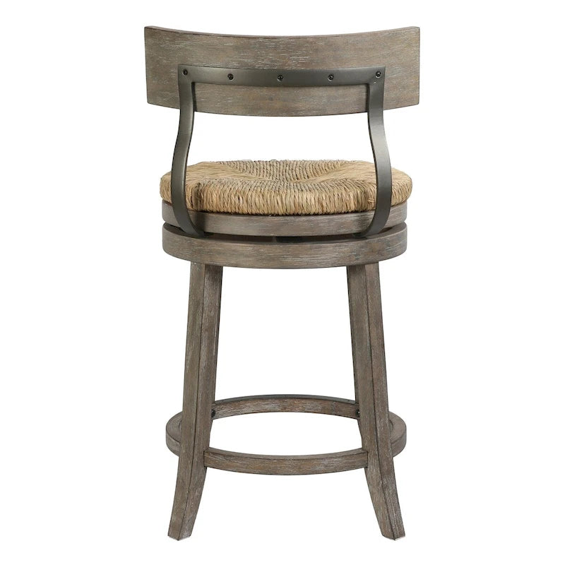 Tabouret de bar pivotant en bois et acier de style fermier avec assise en jonc de mer naturel