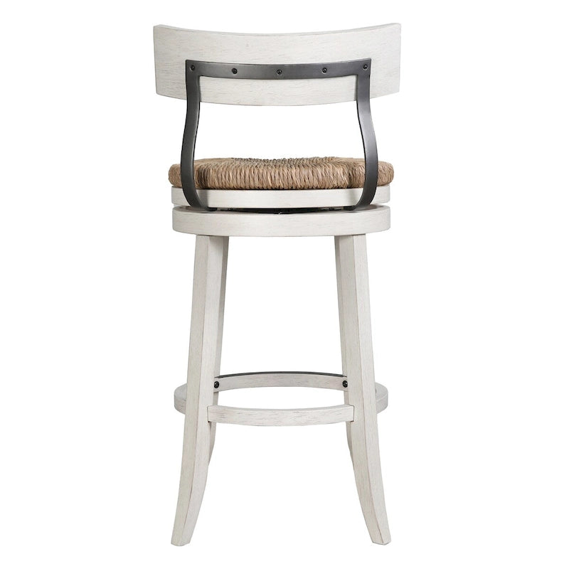 Tabouret de bar pivotant en bois et acier de style fermier avec assise en jonc de mer naturel