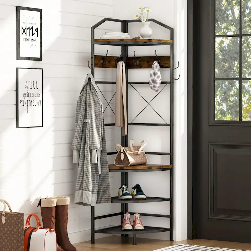 Arbre d'entrée d'angle avec rangement pour chaussures, porte-manteau d'entrée avec 6 crochets doubles, étagère à chaussures organisatrice pour entrée, couloir, chambre à coucher