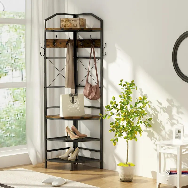 Arbre d'entrée d'angle avec rangement pour chaussures, porte-manteau d'entrée avec 6 crochets doubles, étagère à chaussures organisatrice pour entrée, couloir, chambre à coucher