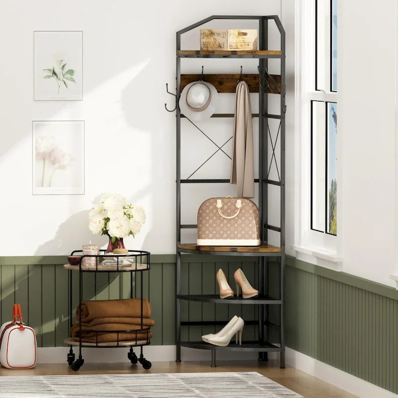 Arbre d'entrée d'angle avec rangement pour chaussures, porte-manteau d'entrée avec 6 crochets doubles, étagère à chaussures organisatrice pour entrée, couloir, chambre à coucher