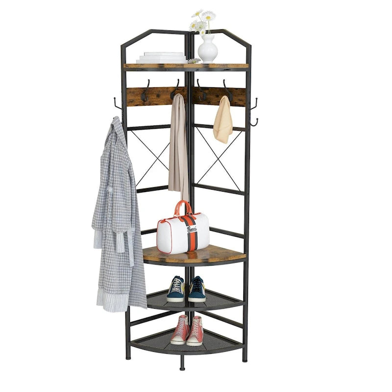 Arbre d'entrée d'angle avec rangement pour chaussures, porte-manteau d'entrée avec 6 crochets doubles, étagère à chaussures organisatrice pour entrée, couloir, chambre à coucher