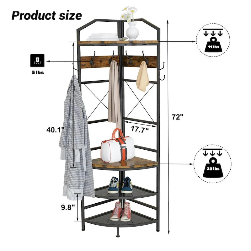 Arbre d'entrée d'angle avec rangement pour chaussures, porte-manteau d'entrée avec 6 crochets doubles, étagère à chaussures organisatrice pour entrée, couloir, chambre à coucher