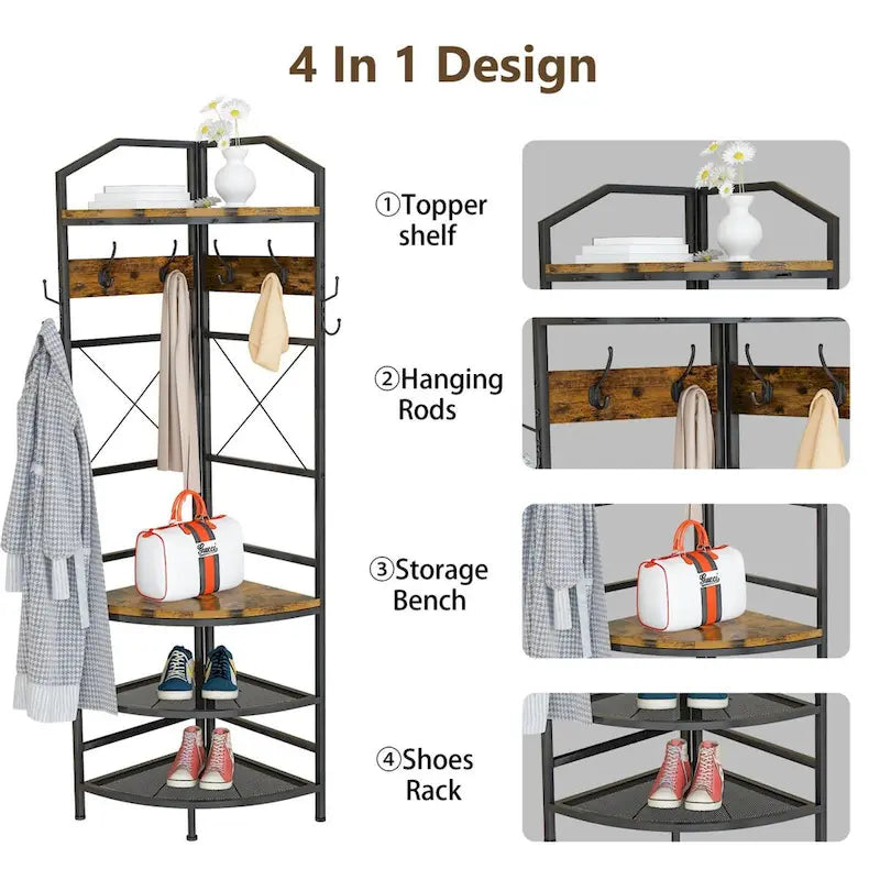 Arbre d'entrée d'angle avec rangement pour chaussures, porte-manteau d'entrée avec 6 crochets doubles, étagère à chaussures organisatrice pour entrée, couloir, chambre à coucher