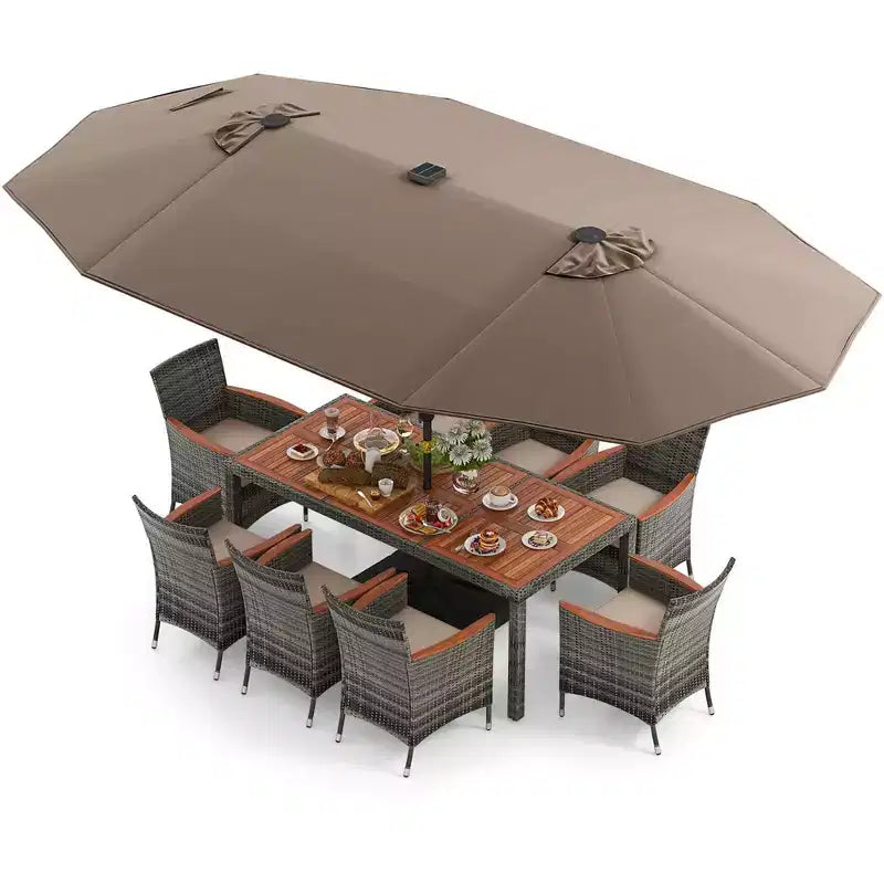 Costway Set da Pranzo da Esterno 11 Pezzi con Ombrellone a Doppio Lato da 4,5 m 8 Poltrone Blu/Beige/Arancio/Bordeaux