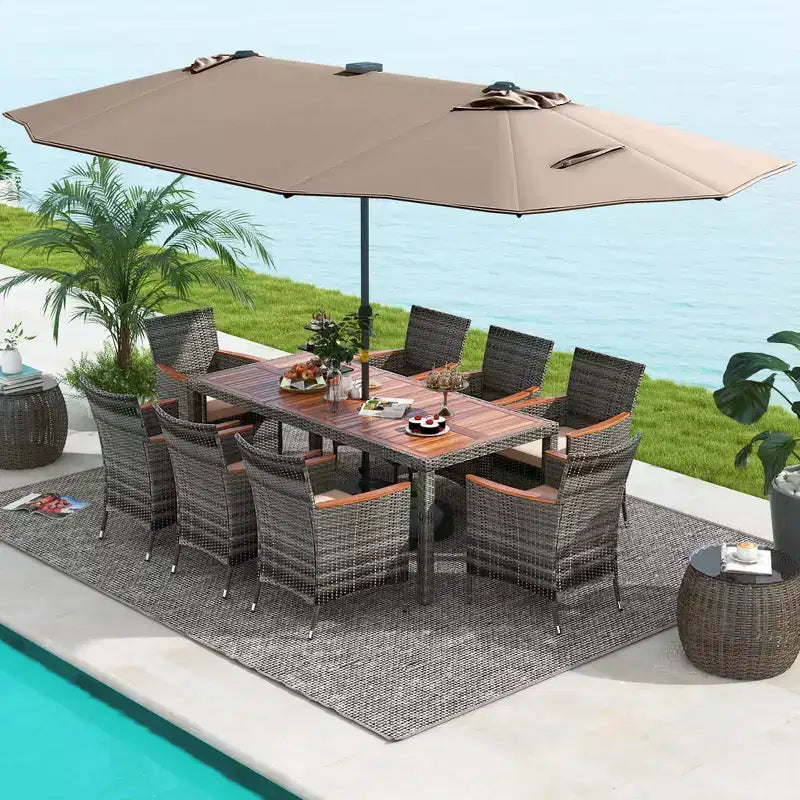 Costway Set da Pranzo da Esterno 11 Pezzi con Ombrellone a Doppio Lato da 4,5 m 8 Poltrone Blu/Beige/Arancio/Bordeaux