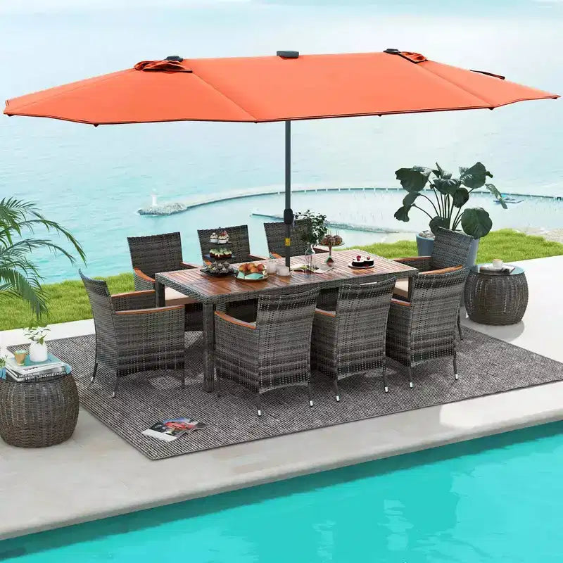Costway Ensemble de salle à manger d'extérieur 11 pièces avec parasol double face 4,5 m 8 fauteuils Bleu/Beige/Orange/Bordeaux