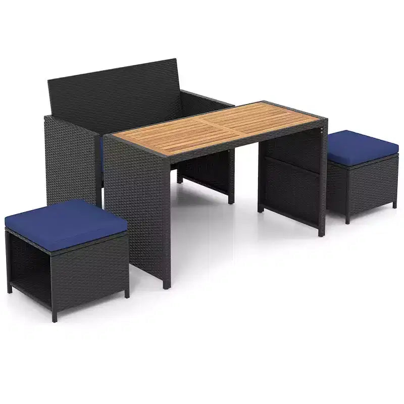 Ensemble repas d'extérieur Costway 4 pièces, causeuse en rotin et 2 poufs bleus