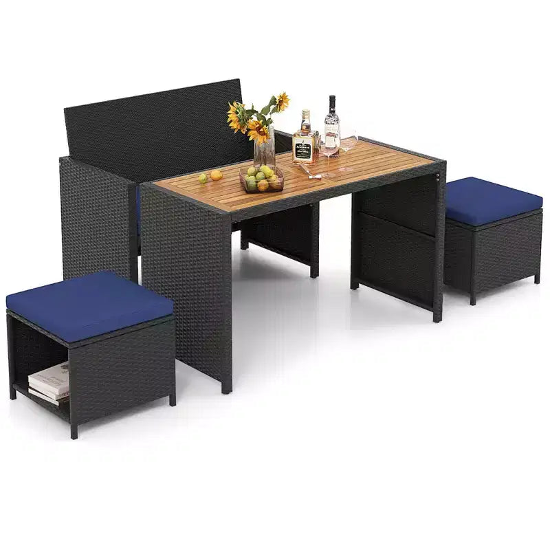 Ensemble repas d'extérieur Costway 4 pièces, causeuse en rotin et 2 poufs bleus