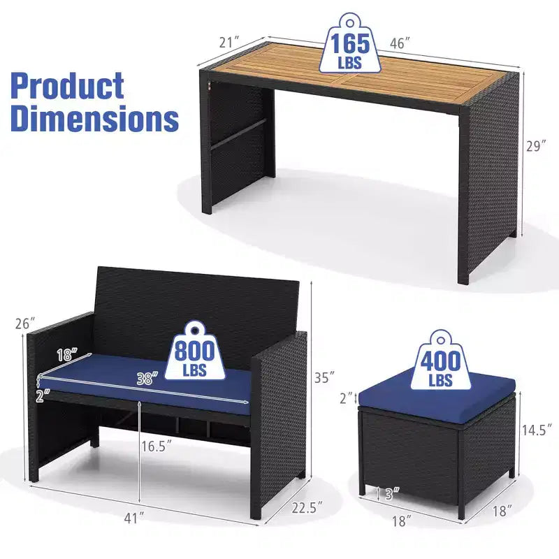 Ensemble repas d'extérieur Costway 4 pièces, causeuse en rotin et 2 poufs bleus