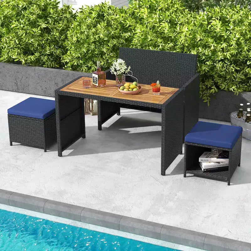Ensemble repas d'extérieur Costway 4 pièces, causeuse en rotin et 2 poufs bleus
