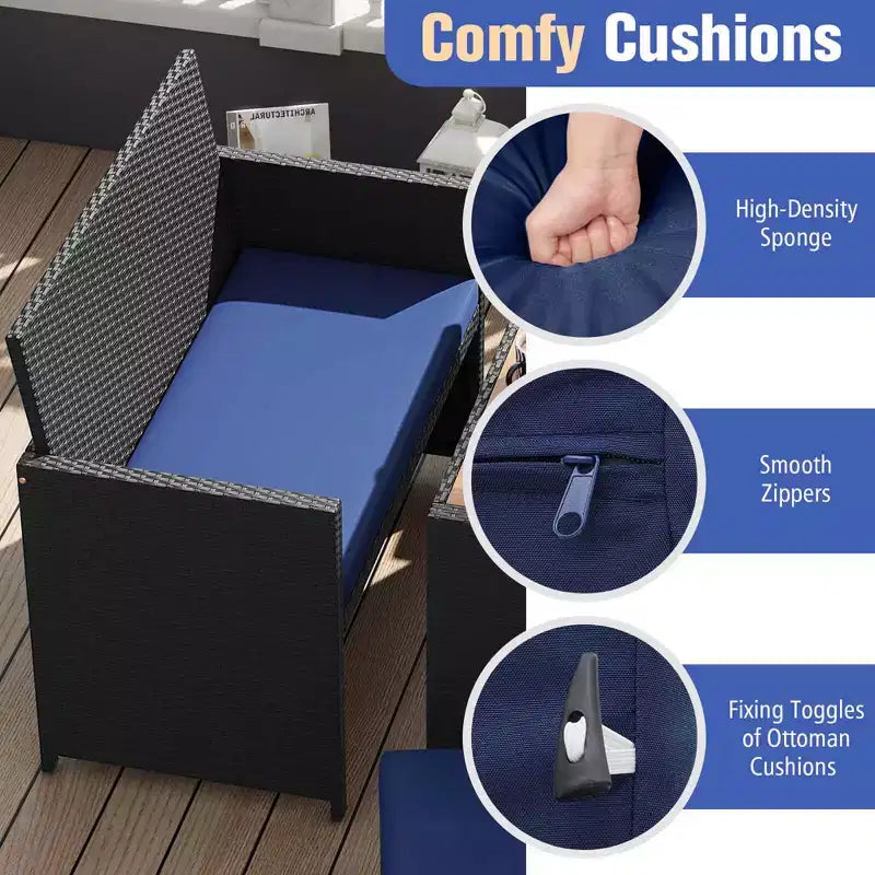 Ensemble repas d'extérieur Costway 4 pièces, causeuse en rotin et 2 poufs bleus