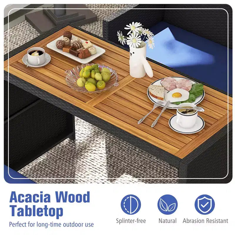 Ensemble repas d'extérieur Costway 4 pièces, causeuse en rotin et 2 poufs bleus