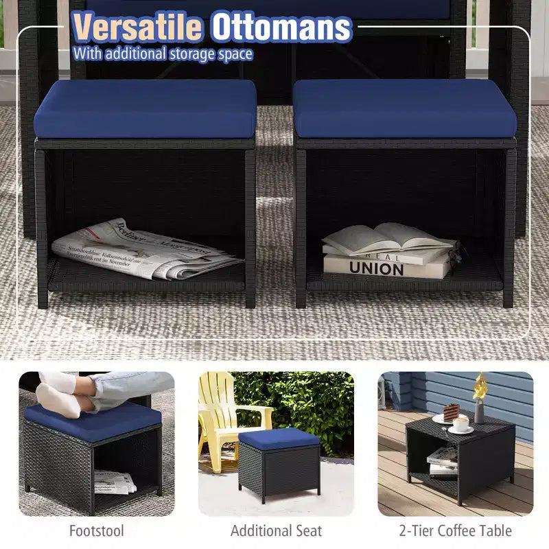 Ensemble repas d'extérieur Costway 4 pièces, causeuse en rotin et 2 poufs bleus