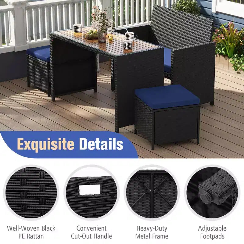Ensemble repas d'extérieur Costway 4 pièces, causeuse en rotin et 2 poufs bleus