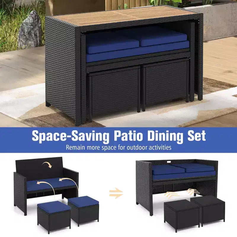 Ensemble repas d'extérieur Costway 4 pièces, causeuse en rotin et 2 poufs bleus