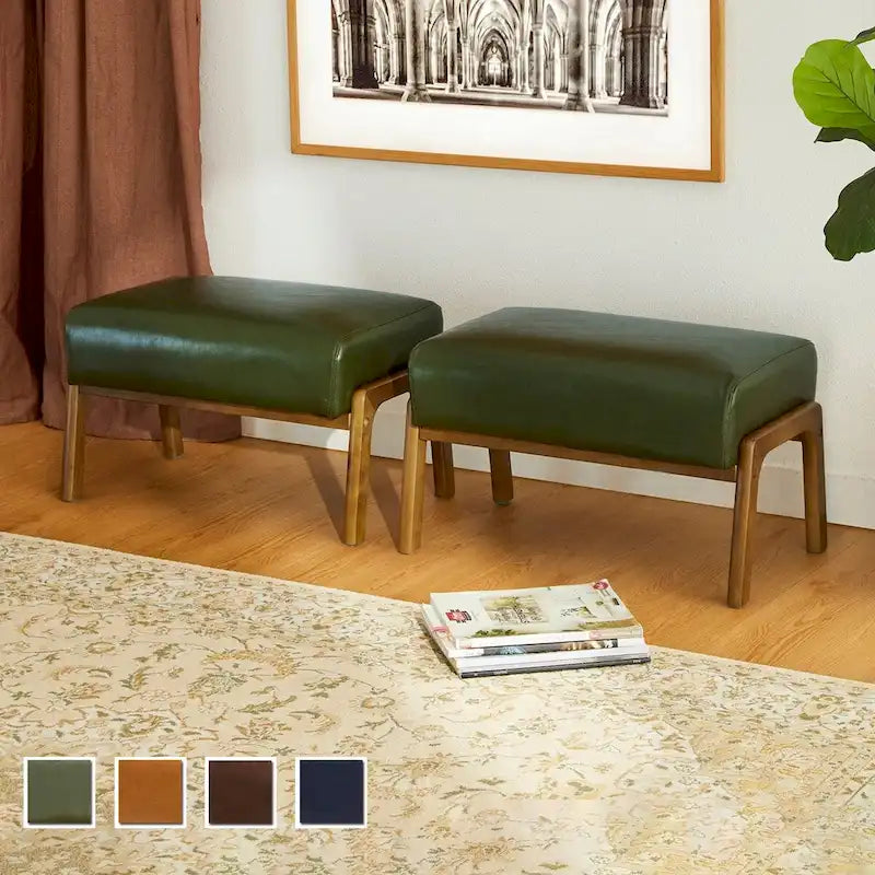 Glitzhome Set of 2 Mid-century Leatherette Ottoman Accent Stools