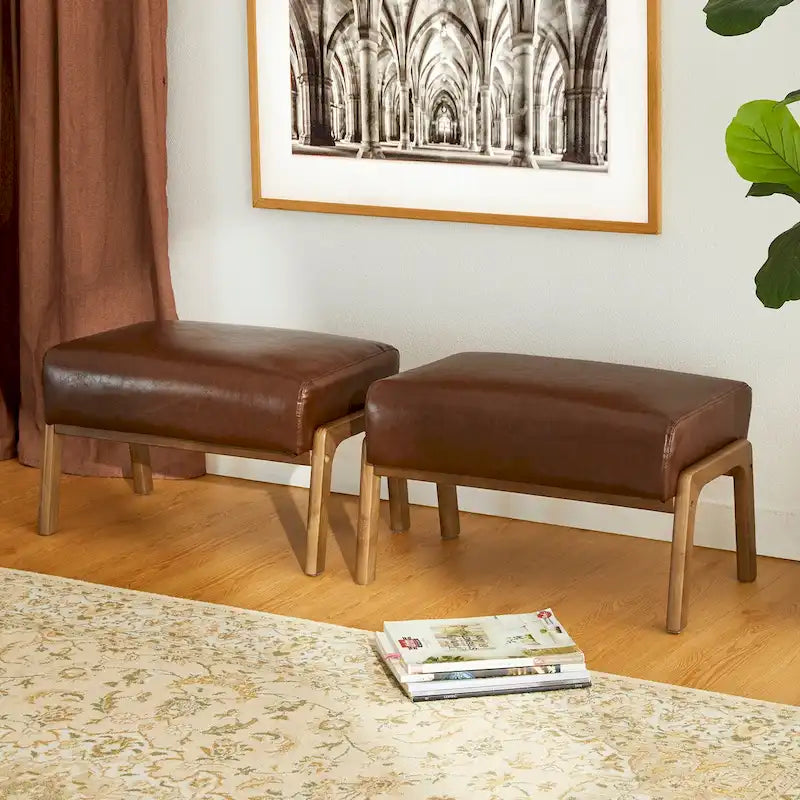 Glitzhome Lot de 2 Poufs d'Appoint Ottomans en Similicuir de Style Mid-Century