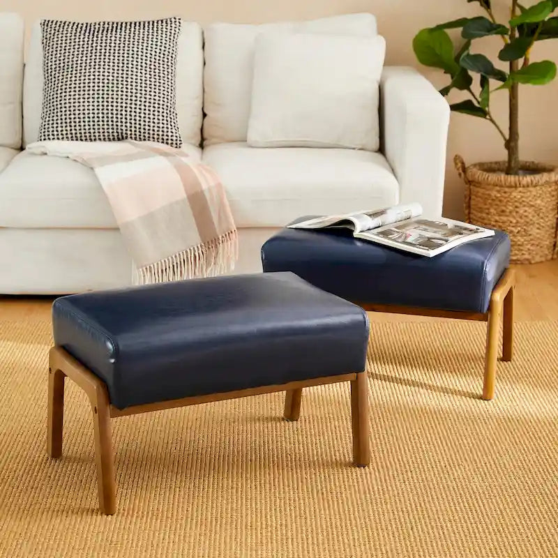 Glitzhome Lot de 2 Poufs d'Appoint Ottomans en Similicuir de Style Mid-Century