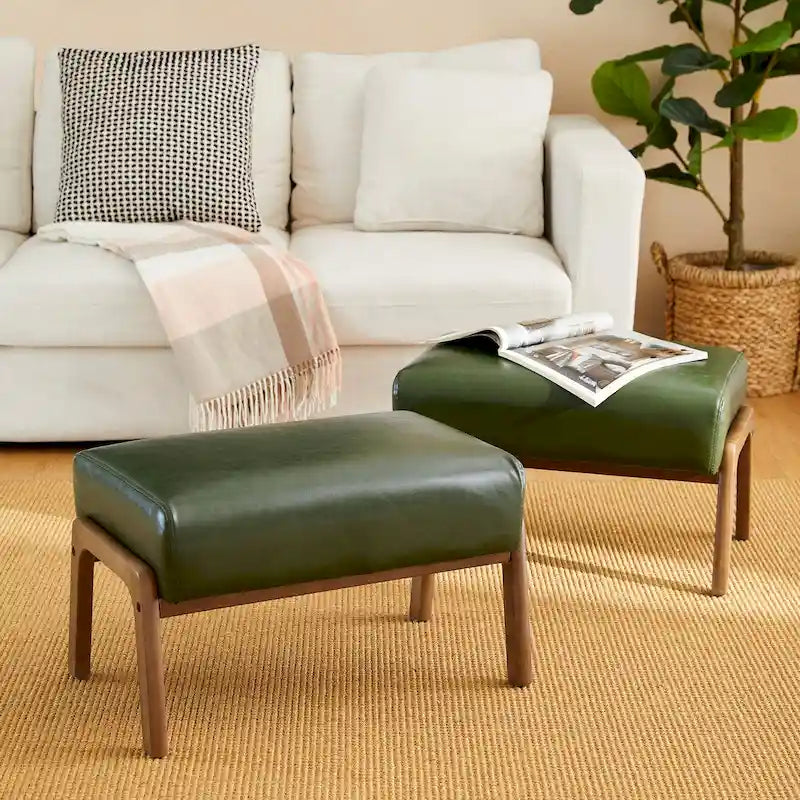 Glitzhome Lot de 2 Poufs d'Appoint Ottomans en Similicuir de Style Mid-Century