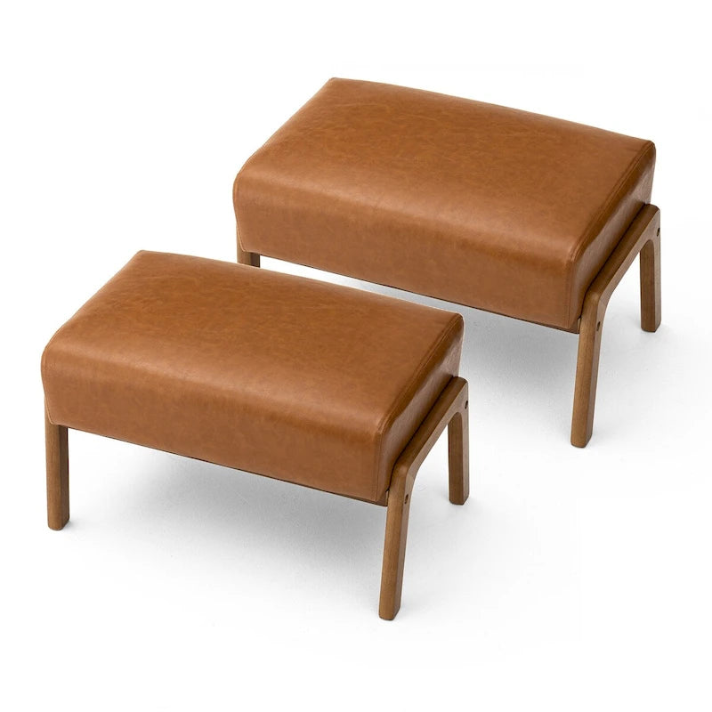 Glitzhome Lot de 2 Poufs d'Appoint Ottomans en Similicuir de Style Mid-Century