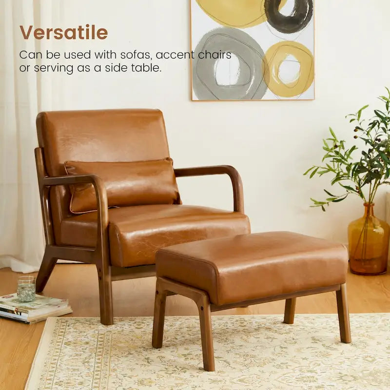 Glitzhome Lot de 2 Poufs d'Appoint Ottomans en Similicuir de Style Mid-Century