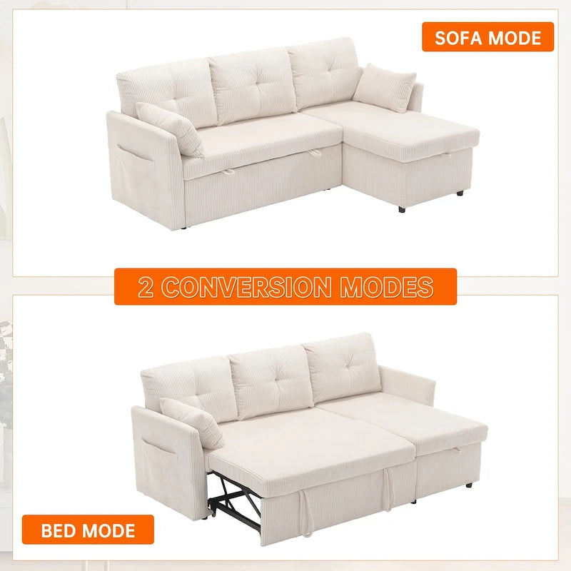 Canapé d'angle réversible en velours côtelé/chenille avec chaise longue de rangement et poche latérale