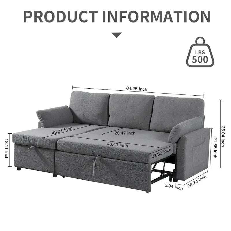 Divano Letto Estraibile con Chaise Longue Contenitore, Divano Letto Angolare a L