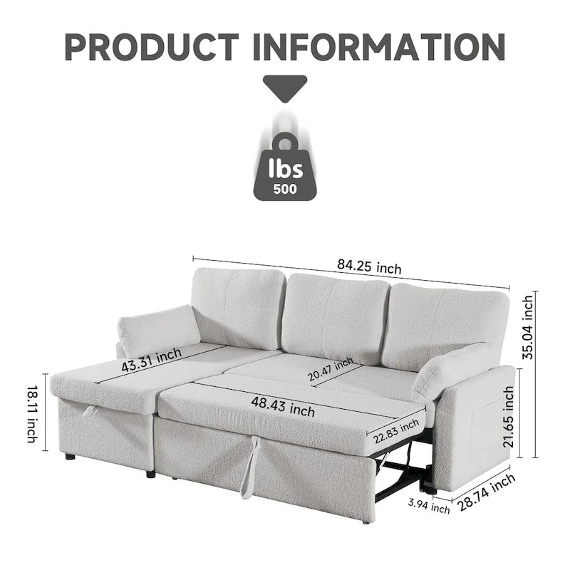 Divano Letto Estraibile con Chaise Longue Contenitore, Divano Letto Angolare a L