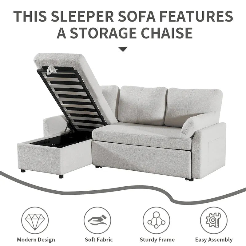Divano Letto Estraibile con Chaise Longue Contenitore, Divano Letto Angolare a L