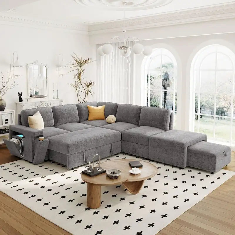 L-shaped Padded Modular Sofa with Storage Space, USB Ports, and Cup Holders on the Armrests, Suitable