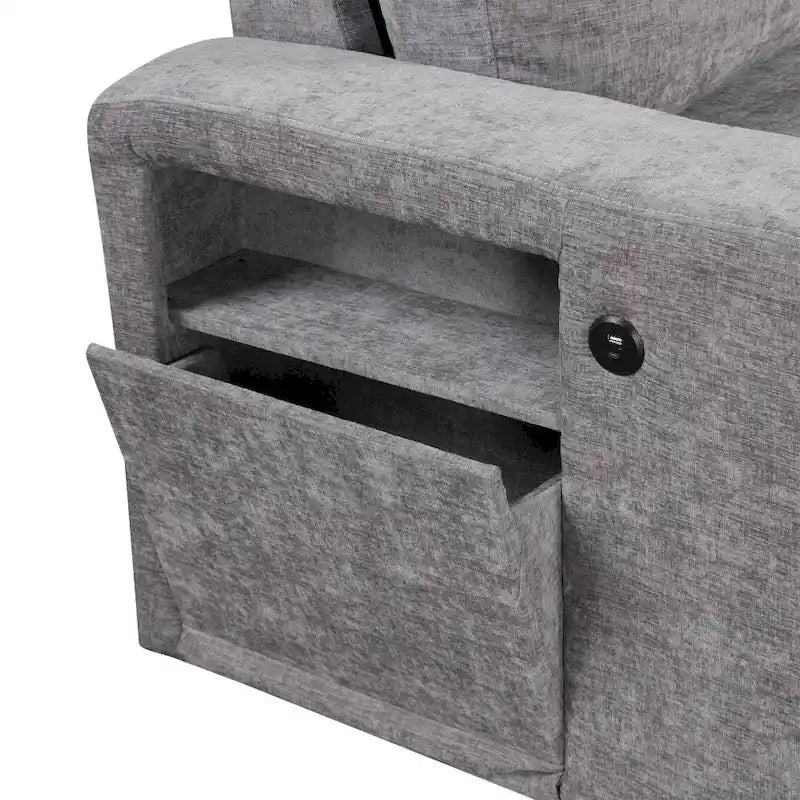 Canapé d'angle modulable rembourré avec rangement, ports USB et porte-gobelets sur les accoudoirs, adapté