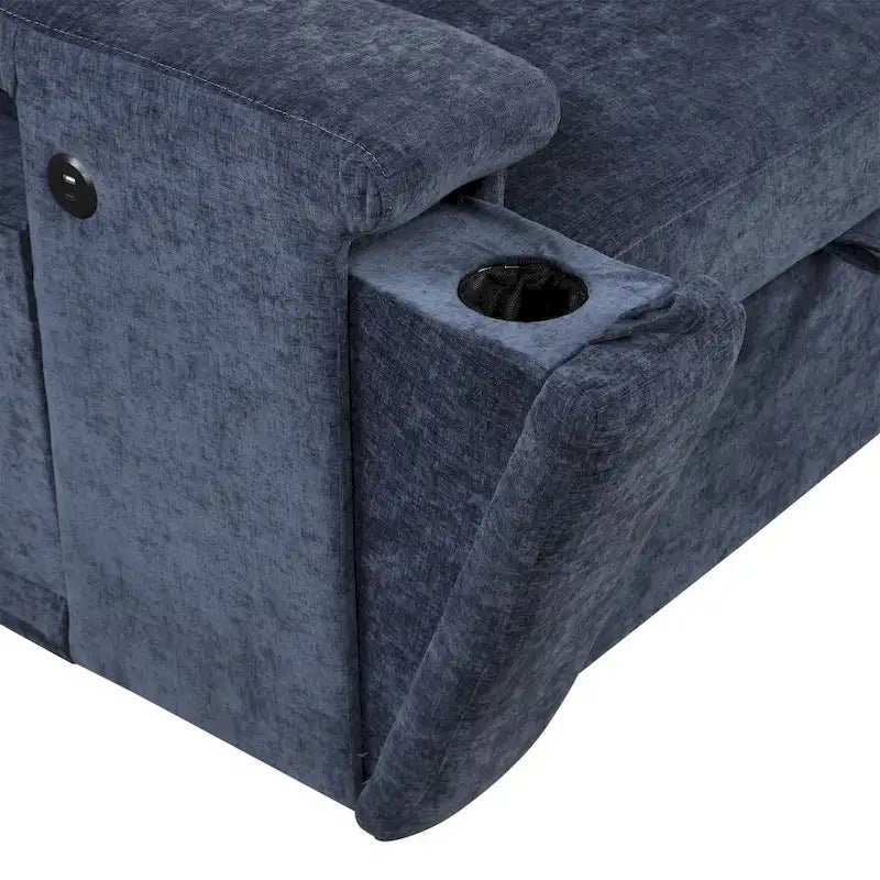 Canapé d'angle modulable rembourré avec rangement, ports USB et porte-gobelets sur les accoudoirs, adapté