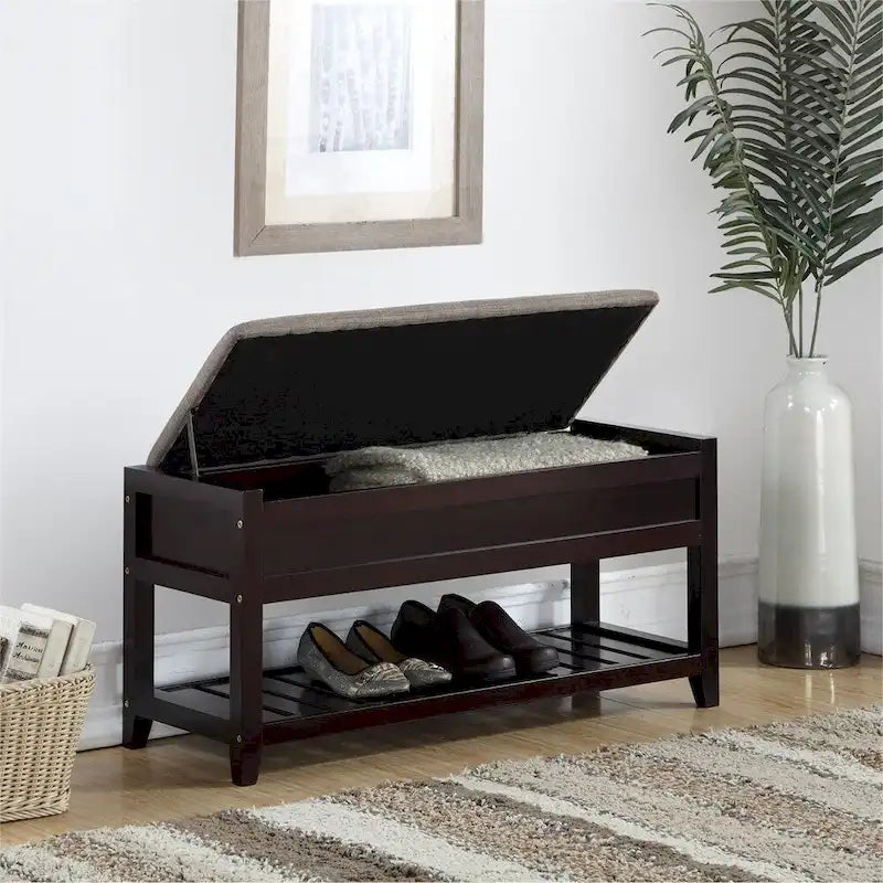 Banc de rangement à chaussures en bois avec coussin d'assise relevable
