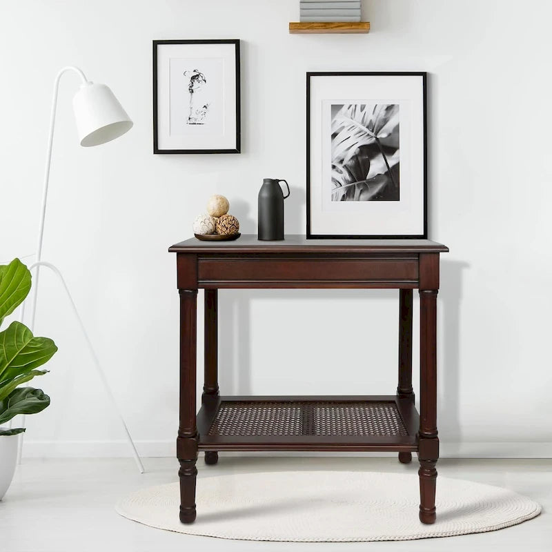 Tavolino in crema Copper Grove Reine con ripiano in rattan