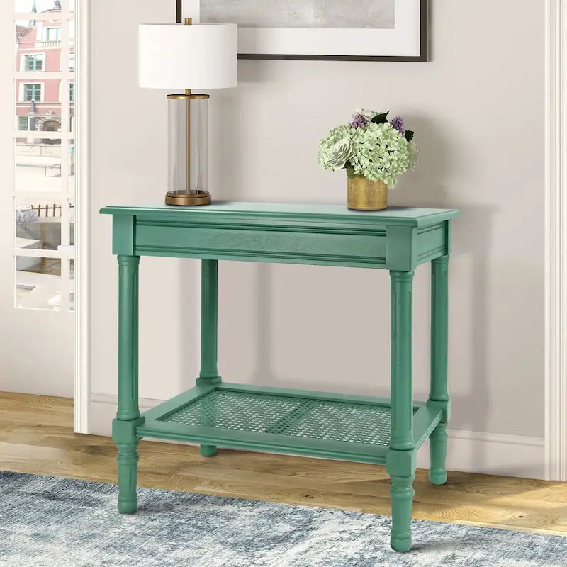 Tavolino in crema Copper Grove Reine con ripiano in rattan