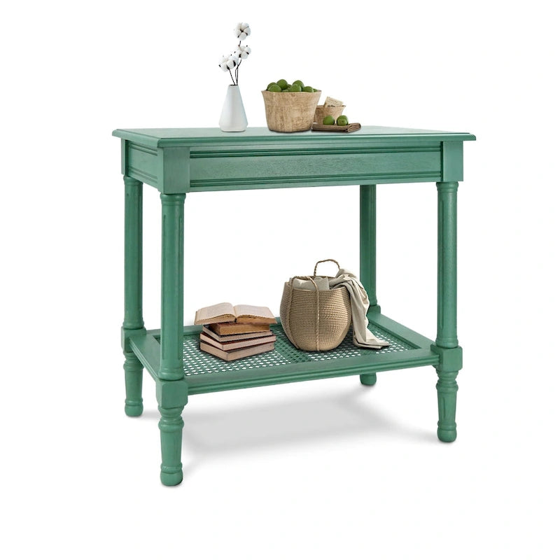 Tavolino in crema Copper Grove Reine con ripiano in rattan