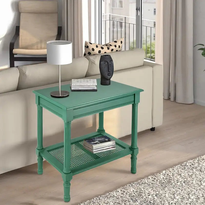 Tavolino in crema Copper Grove Reine con ripiano in rattan