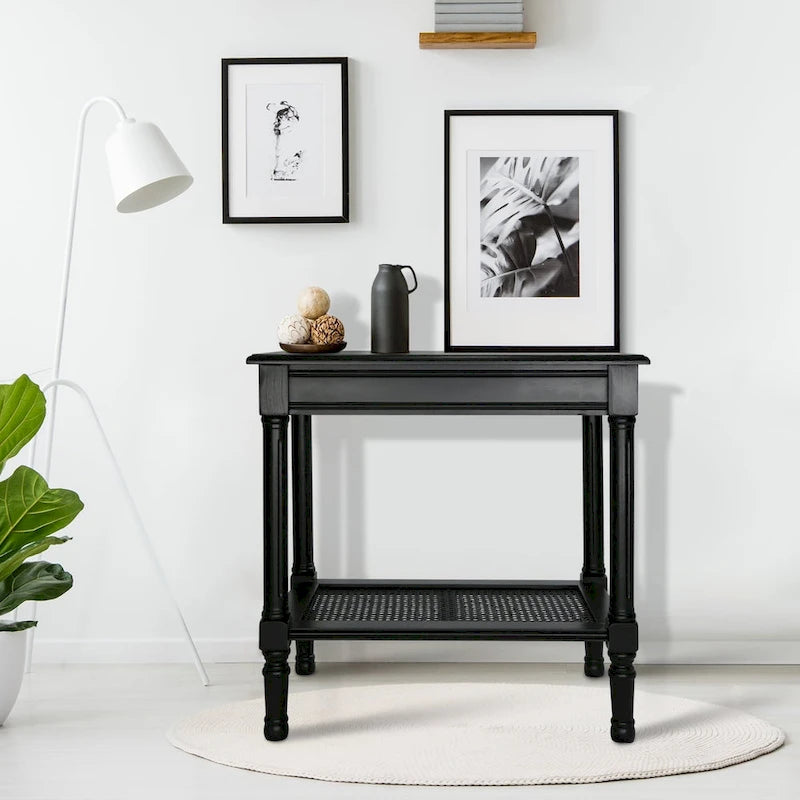 Tavolino in crema Copper Grove Reine con ripiano in rattan