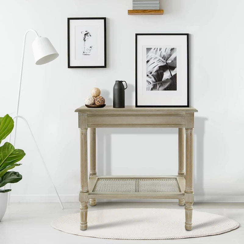 Tavolino in crema Copper Grove Reine con ripiano in rattan