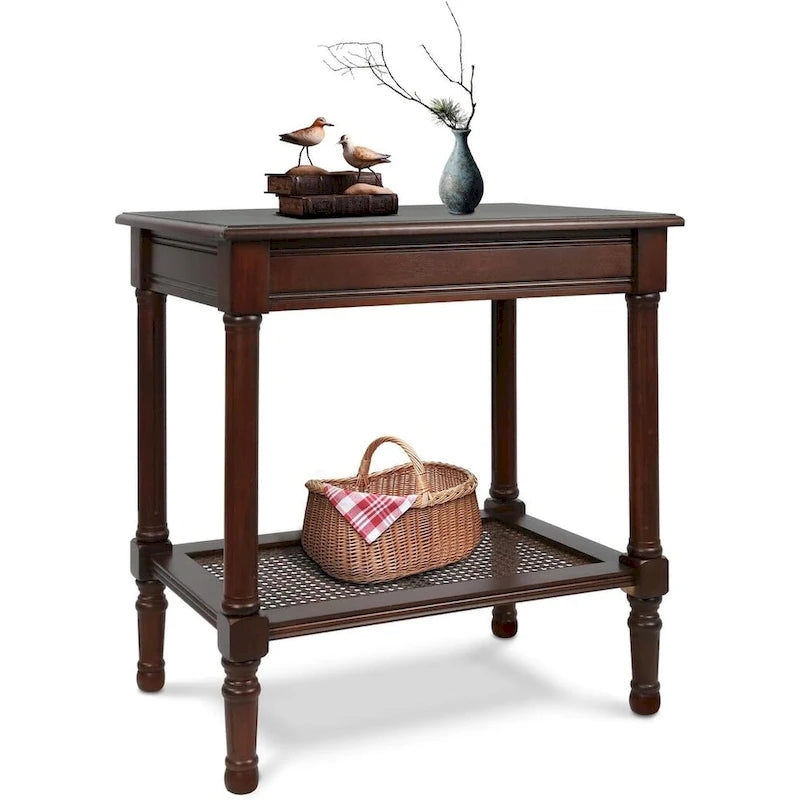 Tavolino in crema Copper Grove Reine con ripiano in rattan