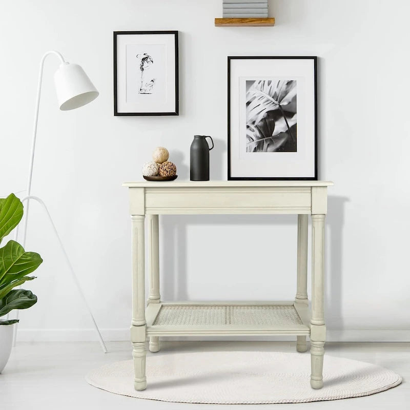 Tavolino in crema Copper Grove Reine con ripiano in rattan