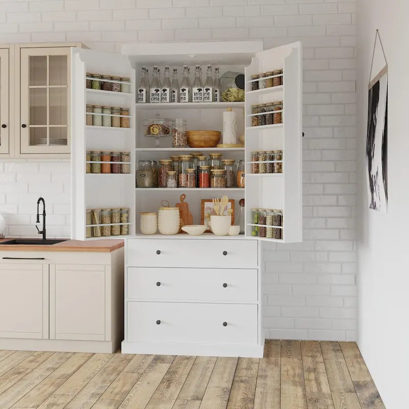Dispensa da Cucina Coloniale da 77 pollici, Armadio Contenitore Alto Indipendente con 3 Ripiani Regolabili, 8 Ripiani sullo Sportello, 3 Cassetti