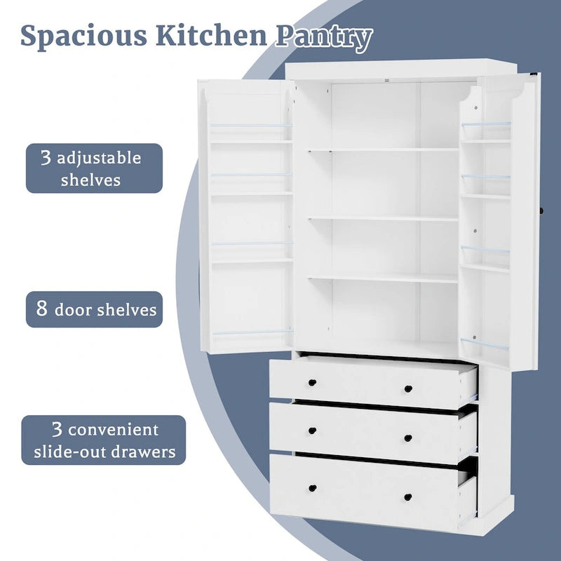 Garde-manger de cuisine de ferme de 77 pouces, armoire de rangement haute autonome avec 3 étagères réglables, 8 étagères de porte, 3 tiroirs