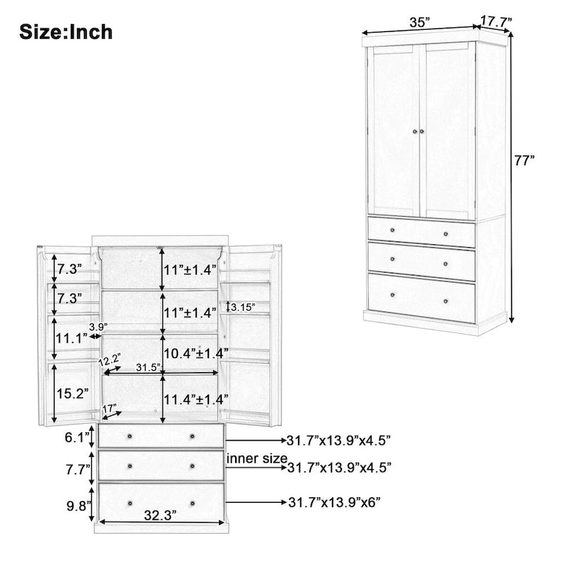 Garde-manger de cuisine de ferme de 77 pouces, armoire de rangement haute autonome avec 3 étagères réglables, 8 étagères de porte, 3 tiroirs