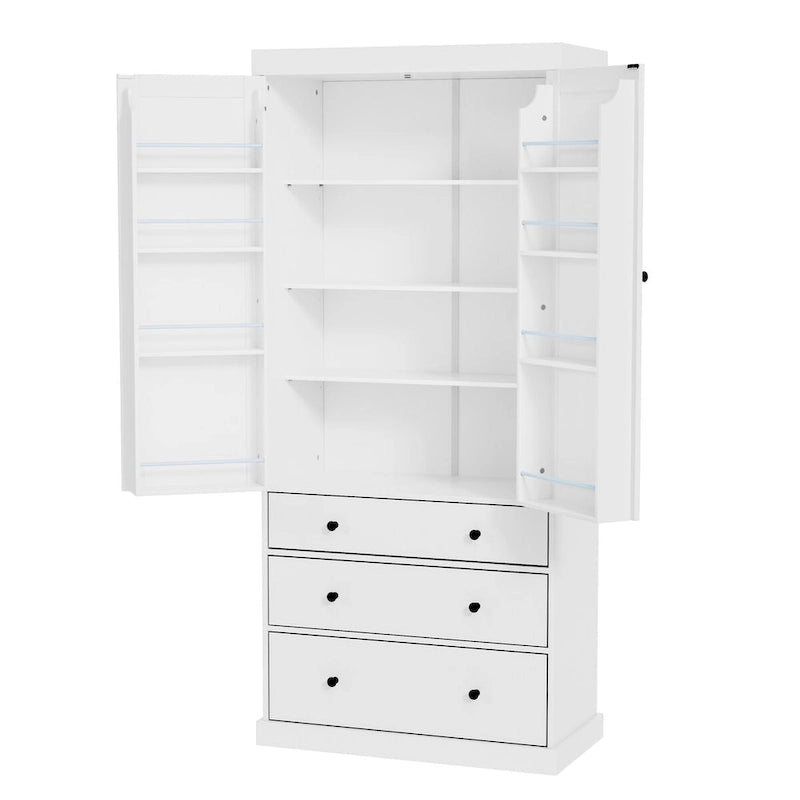 Garde-manger de cuisine de ferme de 77 pouces, armoire de rangement haute autonome avec 3 étagères réglables, 8 étagères de porte, 3 tiroirs