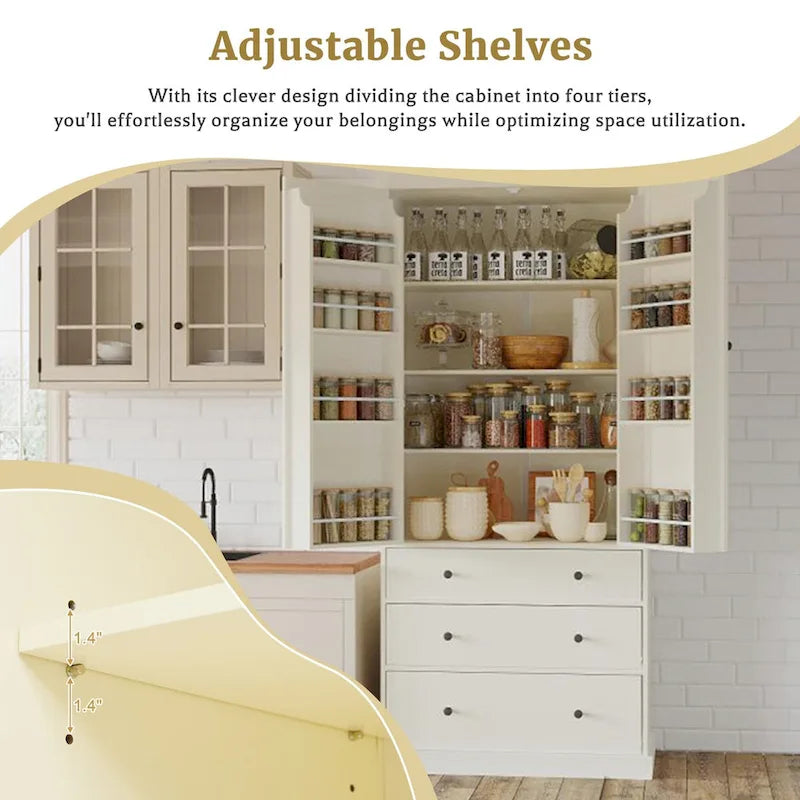 Garde-manger de cuisine de ferme de 77 pouces, armoire de rangement haute autonome avec 3 étagères réglables, 8 étagères de porte, 3 tiroirs